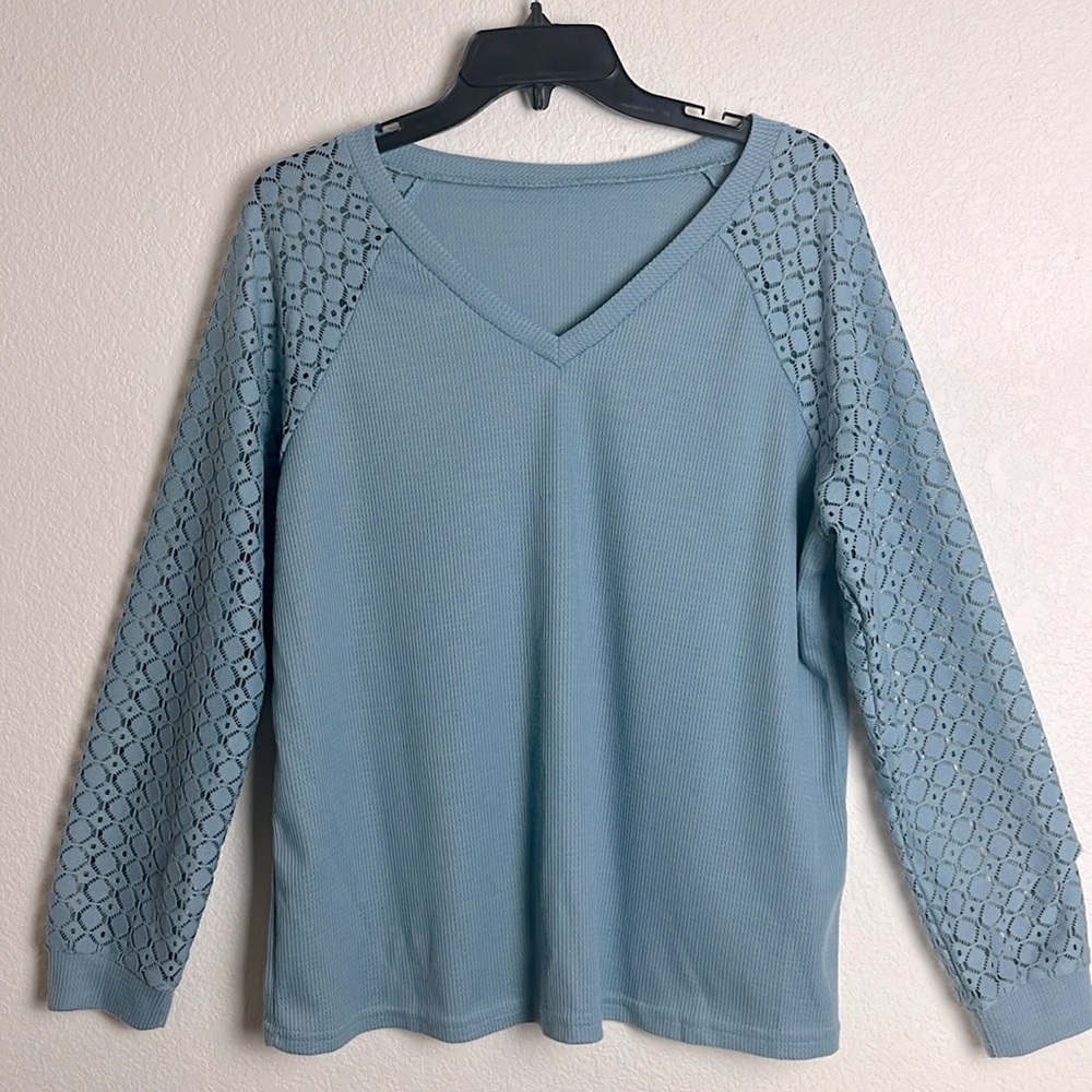 V-Neck Long Lace Sleeves 2XL Dusty Blue Blouse - No Brand